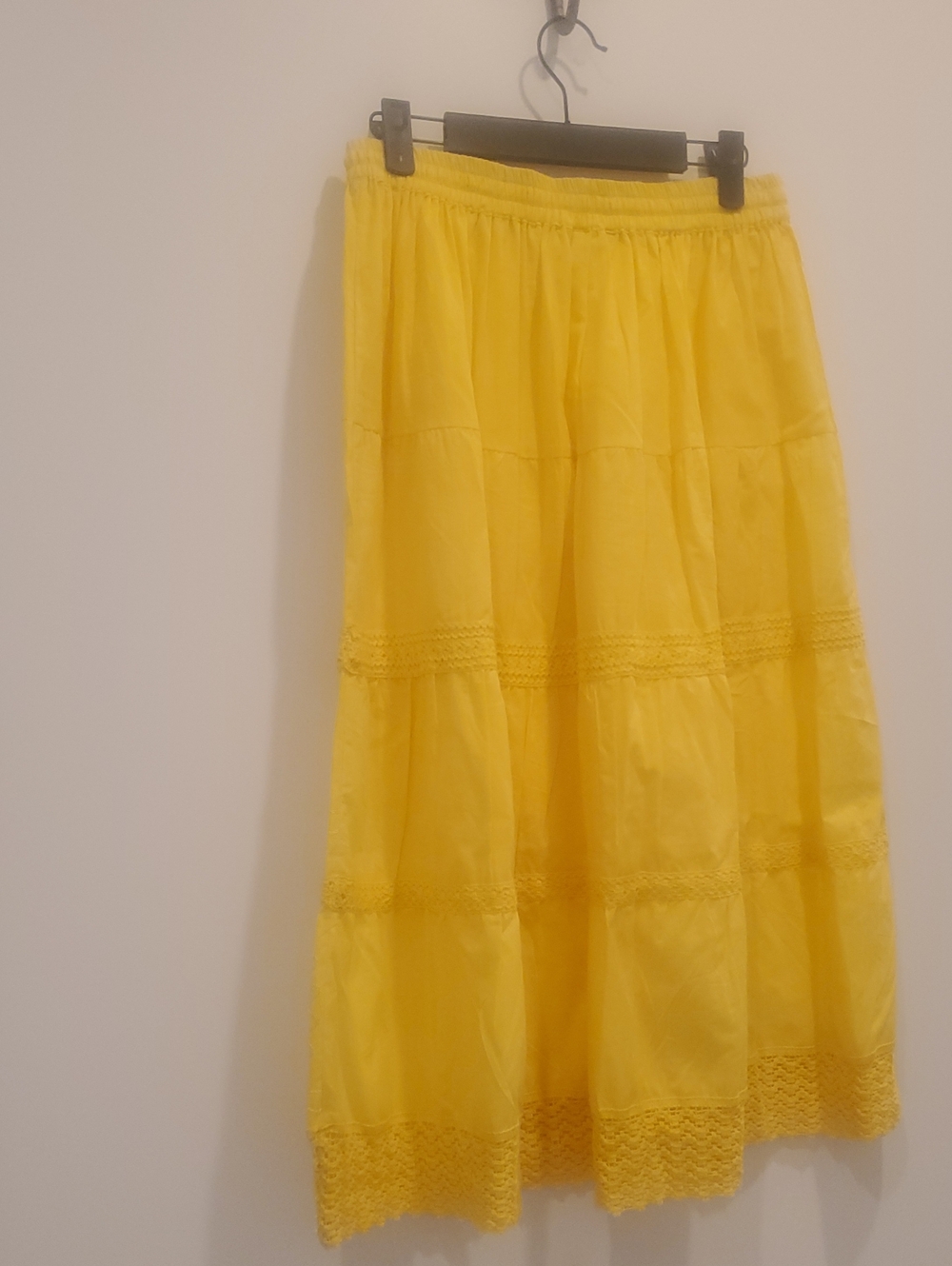 Bright Yellow Tiered Maxi Skirt with Lace Trim